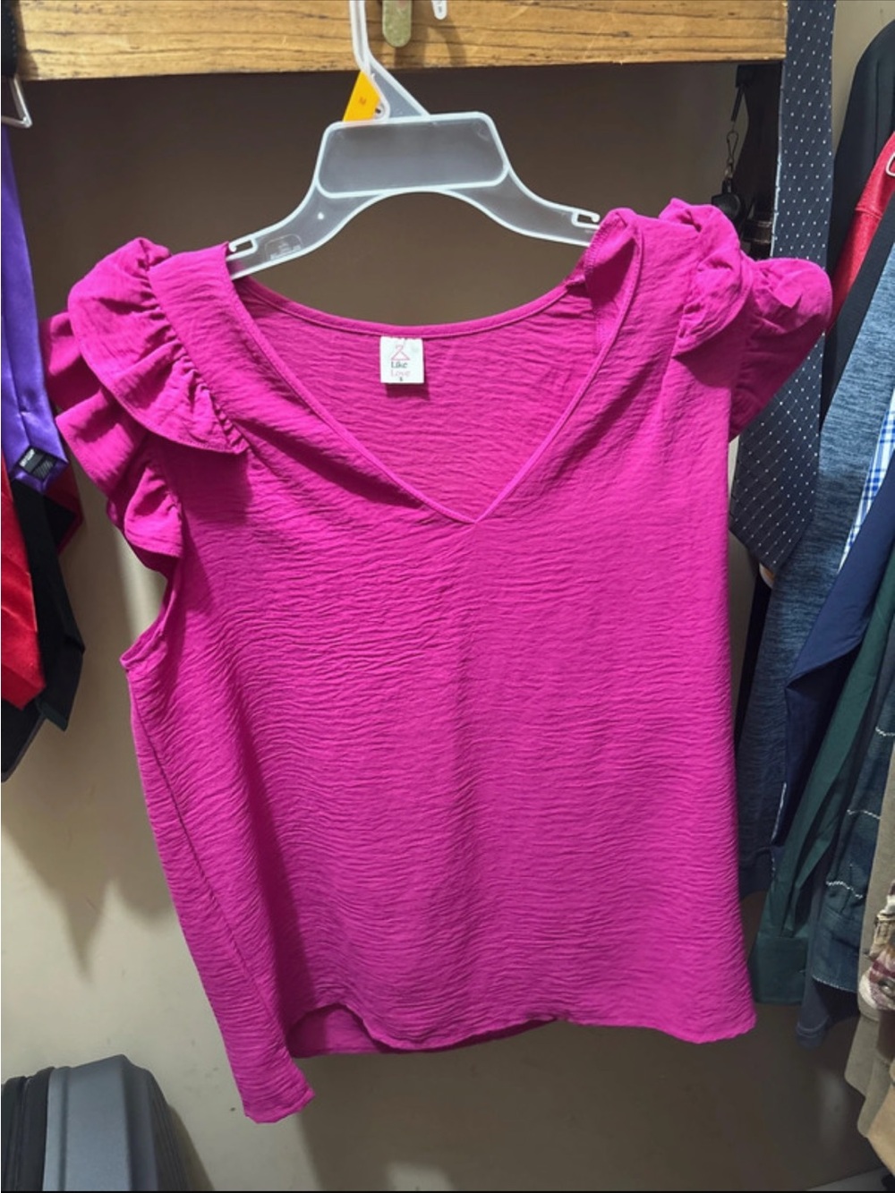 Ruffled Sleeve V-Neck Blouse in Bright Fuchsia
